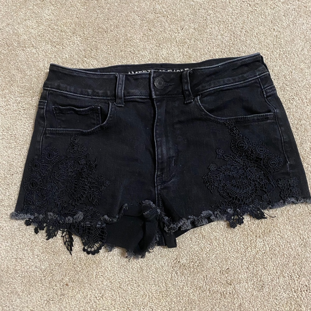AE Black Lace Denim Shorts